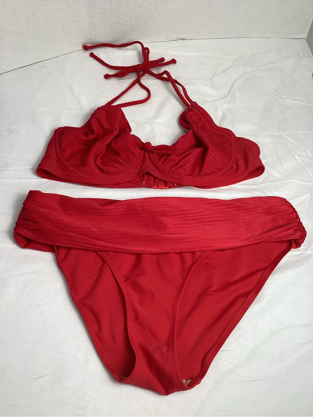 Red Ribbed Halter Bikini Set - Women's Two-Piece Swimwear 38DD